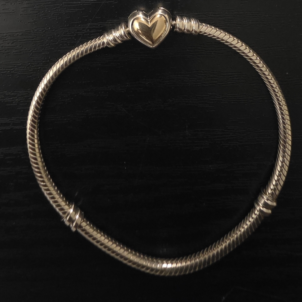 RETIRED** Two-Tone Pandora Heart Charm Snake Chain Bracelet - Silver & Gold - Picture 2 of 4